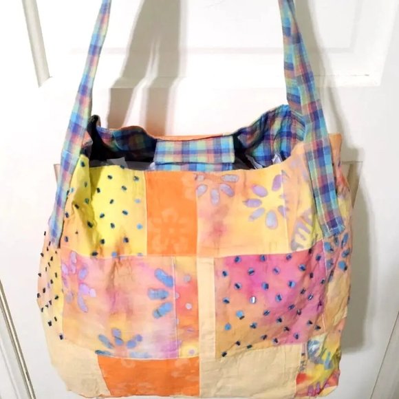 Original by Jernigan Orange Green Blue Plaid Beaded Large Hobo Shoulder Bag Tote - Picture 7 of 13